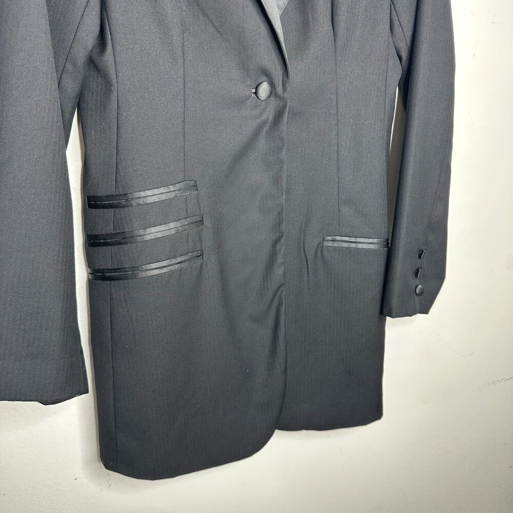 Flying Tomato Black Long One-Button Tuxedo Blazer Satin Trim Lapel & Pockets M - Picture 3 of 12
